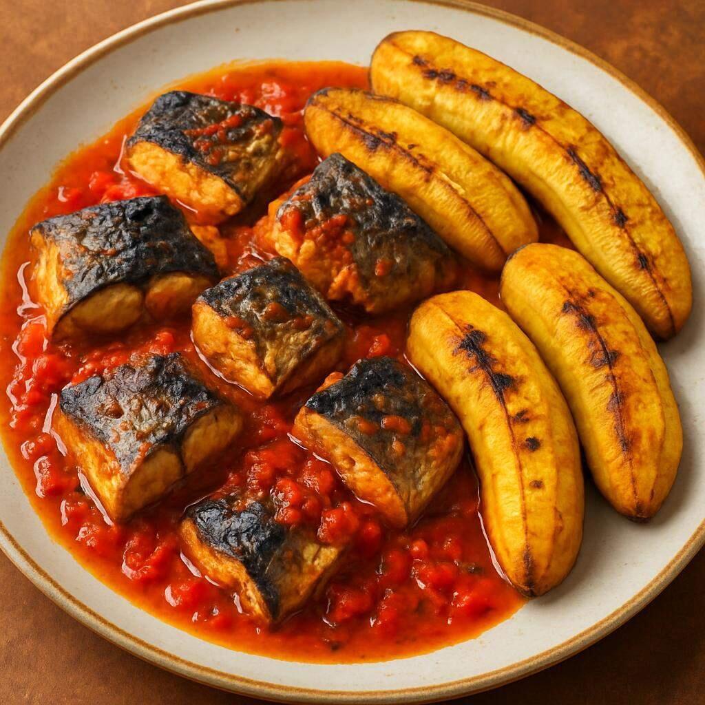 Nigerian Pepper Fish with Roasted Plantain